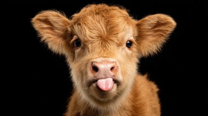 A young brown calf playfully sticks out its tongue while looking directly into the camera, creating a charming and engaging moment. The dark background highlights its fluffy fur and round eyes.