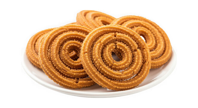 Traditional indian snack chakli or murukku arranged on a white plate against isolated on transparent background