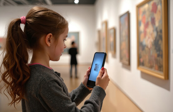 Young girl uses smartphone app in art gallery. Child views paintings with augmented reality tech. Kid explores museum exhibit via mobile device, interacts with artwork.