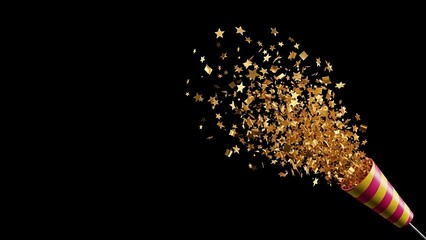Explosion of Golden Confetti Stars from Party Popper on Black Background.