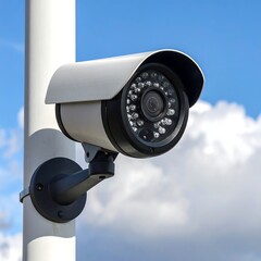 Close-up of security camera mounted on a white pole
