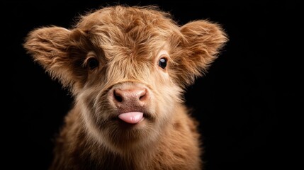 A young, fluffy calf playfully pokes its tongue out while looking directly at the camera. The black background emphasizes its light brown fur and charming expression.