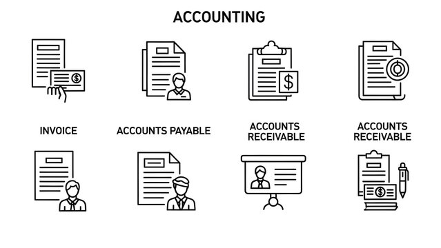 Accounting and financial management outline vector icons invoice, accounts payable, accounts receivable, and business operations