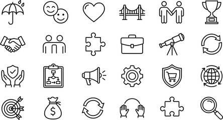 Business icons set, corporate partnership symbols, strategy and teamwork line art, management success vector collection, finance and goal outline design.