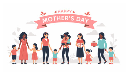 Illustration of a Mother's Day banner featuring a group of mothers from various ethnic backgrounds with their children.
