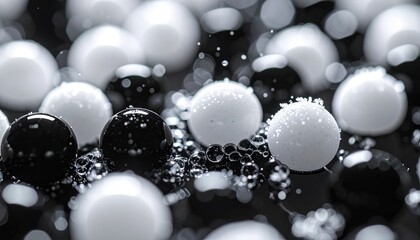 Abstract Black and White Spheres with Water Droplets.