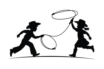 Silhouette of two children playfully using lassos in a field