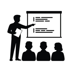 Business Presentation Silhouette with Presenter Pointing at Screen and Audience in Corporate Meeting or Training Session