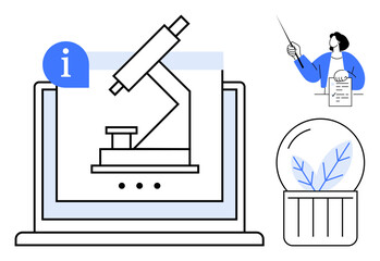 Microscope displayed on a laptop screen, scientist presenting data, and a plant sample in a lab jar. Ideal for education, research, innovation, sustainability, bioscience, online learning simple