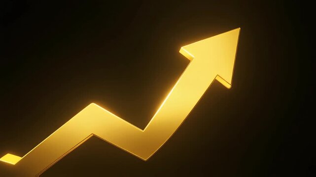 Highly reflective golden 3D arrow graph dramatically rising toward the top right corner against a deep cinematic black background, representing success and finance.