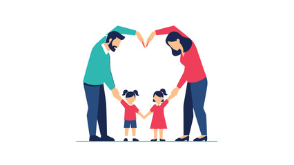Illustration of a nuclear family (father, mother, and two daughters) creating a large heart shape with their hands, symbolizing love, protection, and family unity.