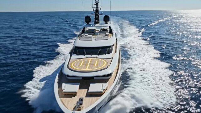 Sleek superyacht with helipad cutting through sparkling blue ocean, leaving a white wake