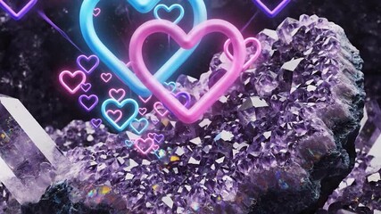 Neon heart symbols over crystal formation