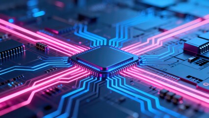 Circuit board with glowing neon lines