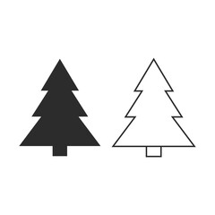 A pair of Christmas tree shapes, one filled black and the other outlined in black, isolated on white background