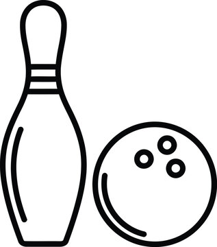 Line art icon of a bowling pin and bowling ball, isolated on a white background, representing sport and recreation activities, games, and leisure.