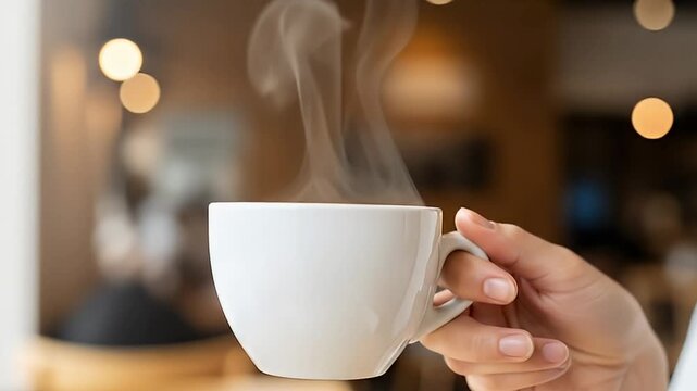 A serene close-up captures a person's hand delicately holding a pristine white ceramic mug, with soft, ethereal steam gracefully rising from the hot beverage within. The background is a beautifully bl