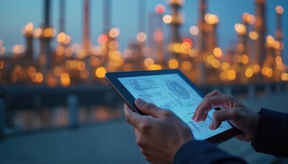 Hands hold tablet near blurred refinery complex at dusk. Engineer checks data digital plan, industry 4. 0 tech, smart management, automation progress, smart factory operations.