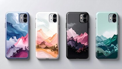 Four smartphone cases, each with unique abstract mountain landscape art