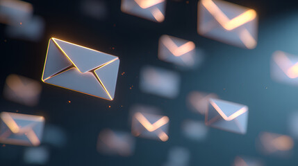 Glowing emails floating in dark space with orange outlines