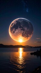 Large moon dominates landscape, reflecting over a tranquil lake at sunset