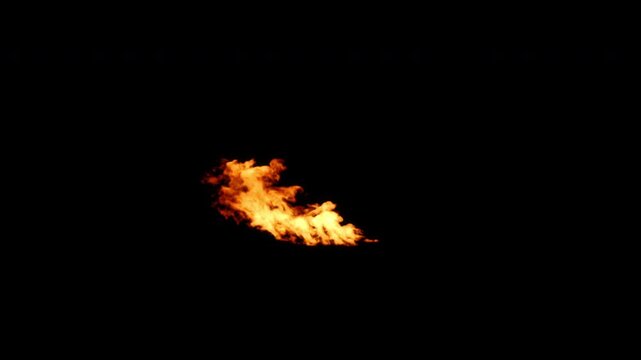 150 Frames Small fire flickering sideways in the wind, looping animation, black background.