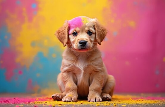 Golden retriever puppy sits covered in pink and yellow powder paint on an abstract background. Festival of colors celebration. Cute dog with bright powder splashes.
