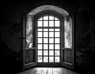 A classic, black-and-white, arched window in a dilapidated room, light streaming through. Old peeling plaster frames the view