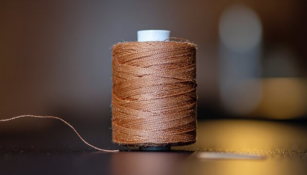 Brown thread spool on a table closeup view of sewing thread craft supplies DIY project essentials texture and detail of thread