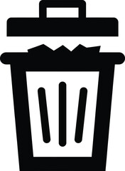 A black icon of a trash can with crumpled paper inside and its lid slightly ajar, isolated on a white background.