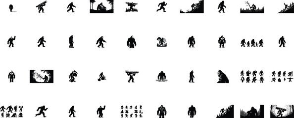 Naklejka premium Extensive collection of Bigfoot Sasquatch silhouettes in diverse poses and environments Keywords