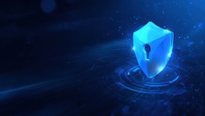 Glowing blue shield icon with keyhole on dark tech background. Cybersecurity and data protection concept for internet.