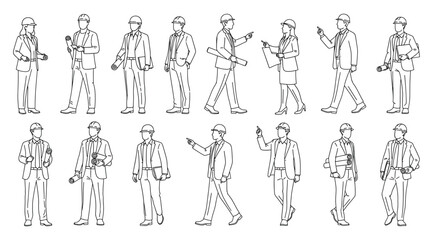 Black-and-white line art of 18 casual male poses using smartphones&mdash;standing, walking, interacting&mdash;ideal for behavioral studies, animation, UX design, and ergonomic reference in tech-focused visuals.