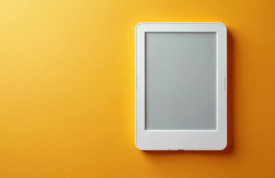 White ebook reader rests on bright yellow background. This digital device allows for portable book reading and information access. Use for study or leisure.