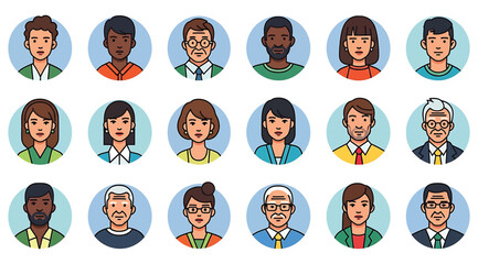 Grid of 18 diverse illustrated avatars in circular frames&mdash;featuring unique hairstyles, clothing, and accessories&mdash;ideal for user profiles, character selection, and demographic representation visuals.