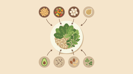 Healthy Food Ingredients Arranged Around a Central Plate of Grains and Greens healthy eating nutrition