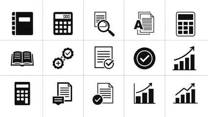 Collection of icons representing data analysis, finance, and business processes, including calculators, graphs, documents, and checklists for digital use