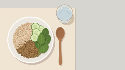 Healthy Meal of Rice Lentils and Greens with a Glass of Water vector illustration