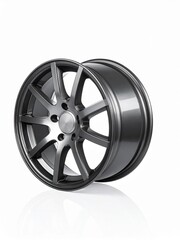 Fototapeta premium Close-up of a modern dark grey multi-spoke alloy car wheel on a white background with reflection.