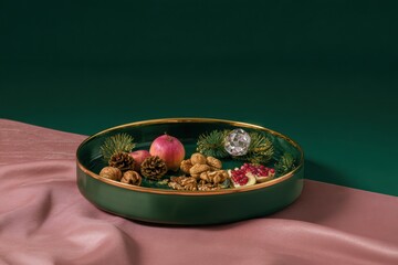Festive green bowl with apple, pine cones, and nuts on pink fabric
