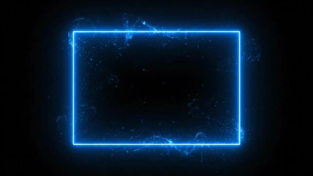 Abstract blue neon light square frame on a black background. Energetic digital futuristic glowing border design