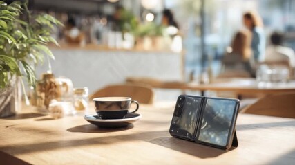 A sleek foldable phone is displayed on a sunlit wooden table in a trendy coffee shop, accompanied by a cup of coffee. The scene blends modern technology with a warm, inviting atmosphere