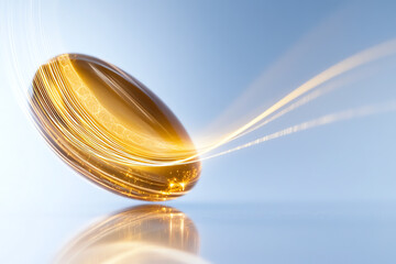 A vibrant, spinning golden capsule captured in motion, symbolizing health and vitality, with soft gradients enhancing its glow.