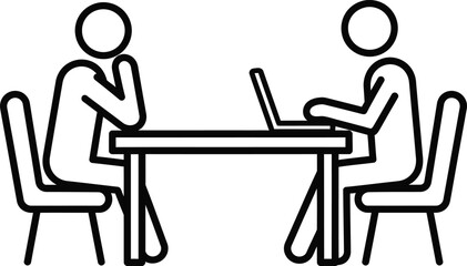 Two stick figures in a line art illustration sit at a table, one person using a laptop, the other resting chin on hand.