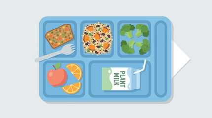 School Lunch Tray with Plant Milk Sandwich Grains Broccoli Apple and Orange Slices food meal