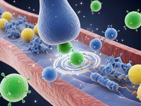 3D illustration of neurotransmitters like dopamine, GABA, and norepinephrine interacting with specific receptors at the synapse. The neurotransmitter binds to receptor sites, triggering a cascade of c
