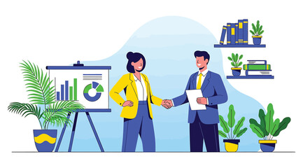 Illustration of two professionals shaking hands in a modern office with charts and documents—ideal for business agreement, partnership, collaboration, and data-driven decision-making visuals.