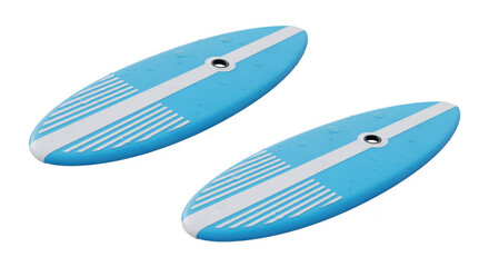 Fototapeta premium Two light blue paddleboards with white stripes floating on a dark surface isolated on transparent background