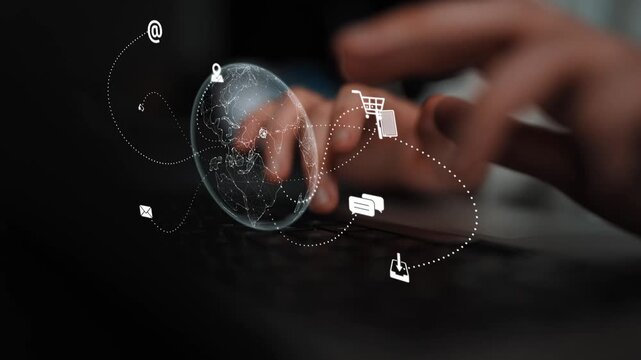 Visualization of global digital communication and online across multiple platforms, including global network, digital network, communication network, and online network. Marrow