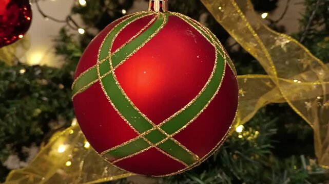 Close-up shot of perfect Christmas decoration with accessories and green New Year tree with red Christmas decoration and lights on its branches.